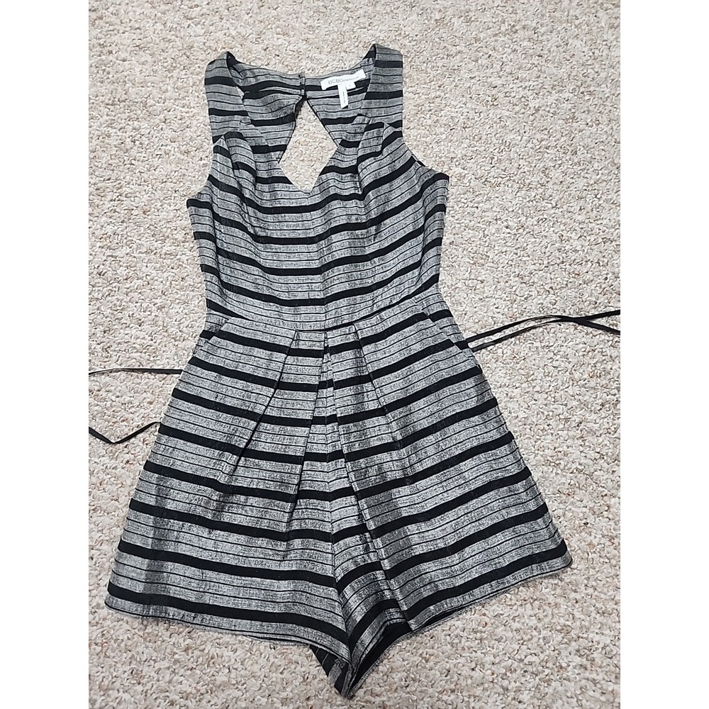 BCBGeneration Silver & Black Stripe‎ Satin Look  Size 0 Romper